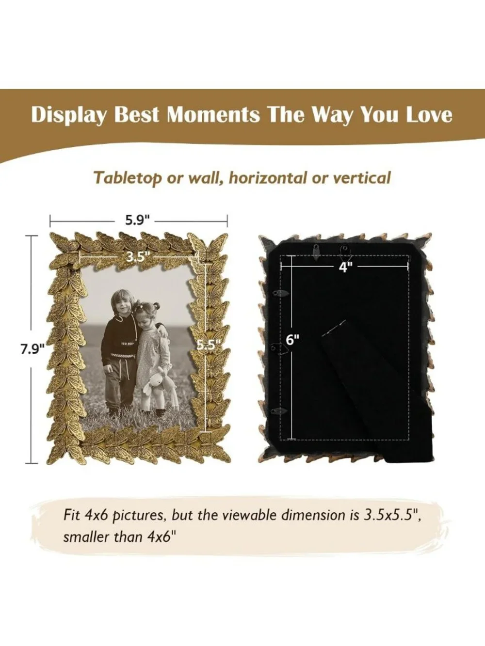 Vintage Gold 4x6 Photo Frame | Retro Butterfly Design for Home Decor & Gifts